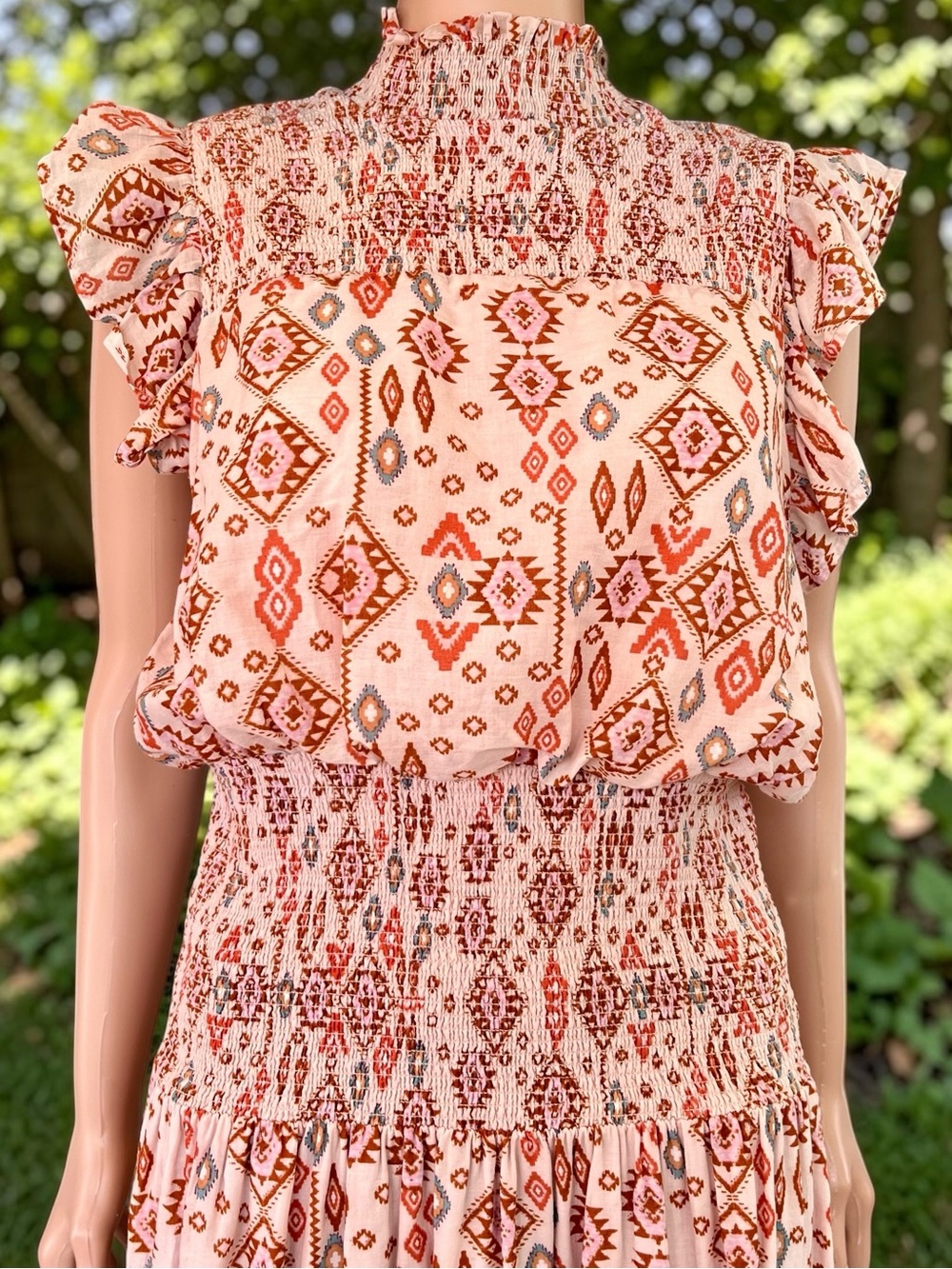 AQUA Boho Smocked Cotton Maxi Dress XL Pink Geometric Flutter Sleeve - Picture 2 of 10